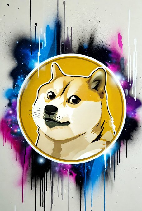 A Shiba Inu dog coin illustration on a yellow circular background, surrounded by colorful pink, blue, and black spray paint splatters and drips.