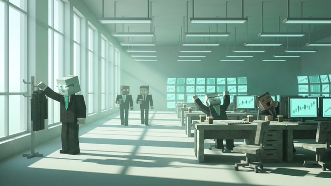A 3D rendered scene of blocky, voxel-style characters in business suits working in a large, brightly lit office with many computer monitors displaying charts.