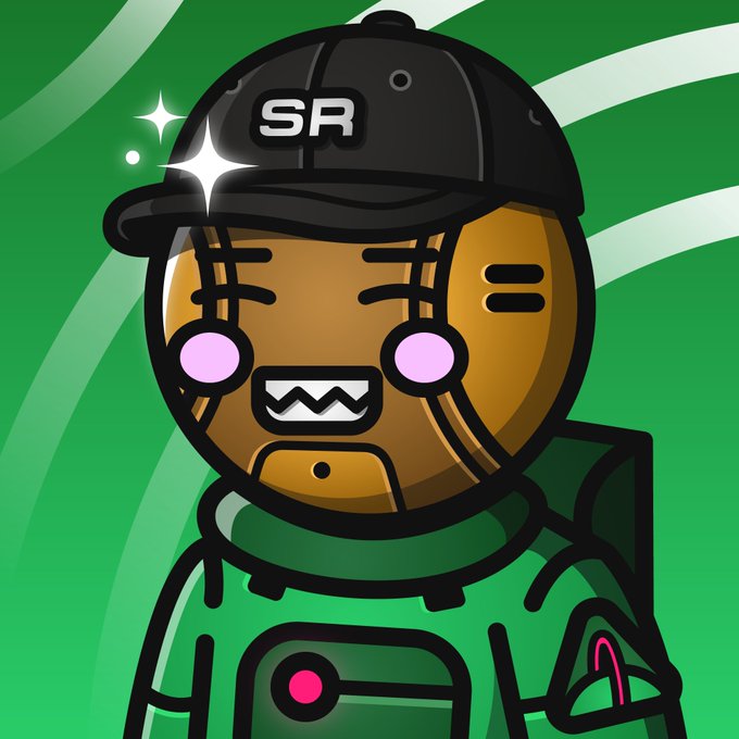 A cartoon avatar of a figure wearing a black cap with 'SR' lettering, pink glowing eyes, and a green outfit against a green background.