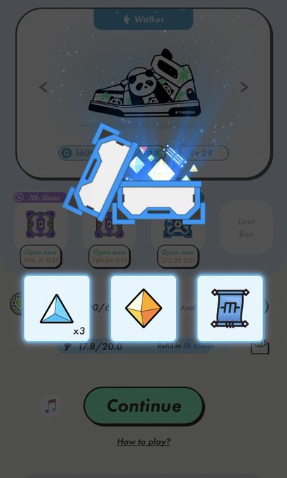 A mobile game screen called 'Walker' displaying a panda-themed sneaker NFT, open loot boxes, and rewards including triangular gems and currency items.