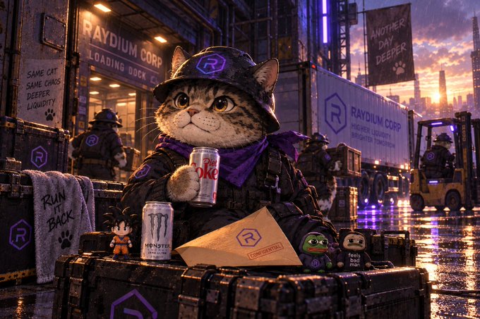 A digital artwork featuring an anthropomorphic cat dressed in tactical military gear and a purple bandana, holding a Diet Coke can, positioned at a 'RAYDIUM CORP' loading dock with small figurines and branded merchandise in the foreground.