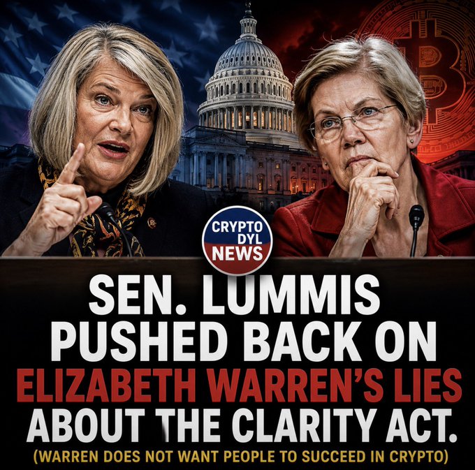 Senator Lummis is depicted in opposition to Senator Elizabeth Warren, with the text "SEN. LUMMIS PUSHED BACK ON ELIZABETH WARREN'S LIES ABOUT THE CLARITY ACT." The image visually represents the political disagreement surrounding cryptocurrency regulation.
