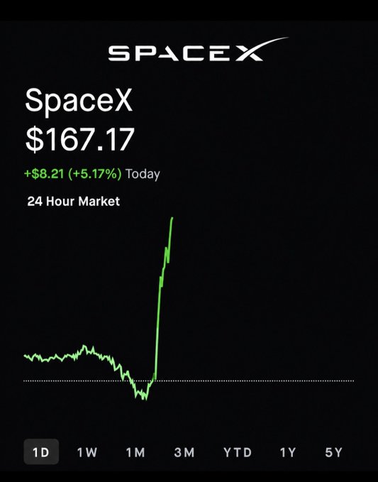 A mobile stock chart for SpaceX showing a current price of $167.17, up $8.21 (+5.17%) for the day, with a sharp upward spike visible on the 24-hour graph.
