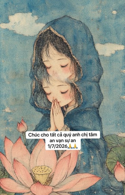 A watercolor-style illustration of a mother and child in a blue hood praying together, with Vietnamese text reading 'Chúc cho tất cả quý anh chị tâm an vạn sự an 1/7/2026' and praying hands emojis.