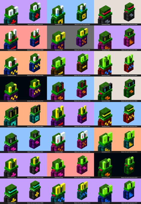 A grid displaying multiple rows of blocky, voxel-style characters with green leafy tops and colorful patterned bodies, each shown from different angles against pastel-colored backgrounds, with small text labels beneath each figure containing designations like "Fakemon" and "Electric Ground."