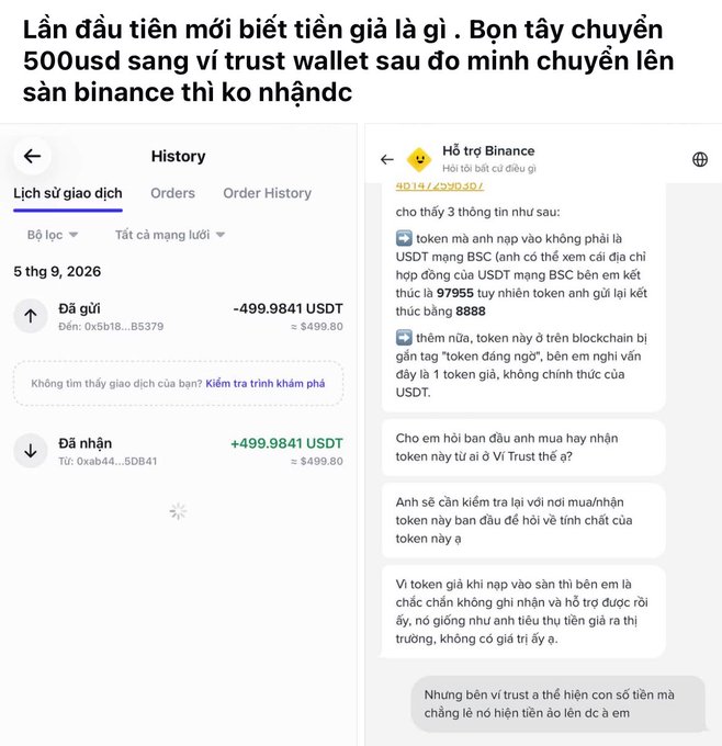 A screenshot of a Binance customer support chat in Vietnamese discussing a fake USDT token, with transaction history showing a transfer of approximately 499.9841 USDT and an account address starting with '0x5b18'. The header text reads 'Lần đầu tiên mới biết tiền giả là gì'**.**