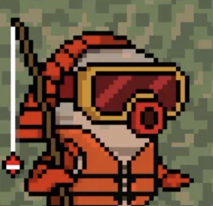 A pixel art style character wearing red/orange winter gear, goggles, and holding a fishing rod against a green camouflage background.