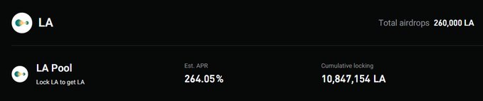 A dark-themed cryptocurrency interface displaying 'Total airdrops 260,000 LA' and an 'LA Pool' with an estimated APR of 264.05% and cumulative locking of 10,847,154 LA.