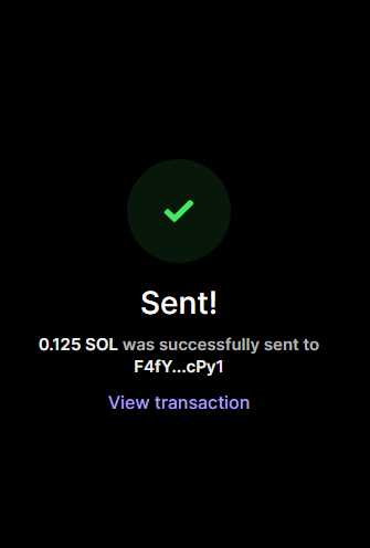 A confirmation screen showing a successful transaction of 0.125 SOL sent to address F4fY...cPy1, with a green checkmark and a "View transaction" link, illustrating the creator following through on their promise to send $SOL to the community.