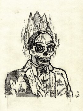 A black and white illustration of a skeletal figure with flame-like hair, wearing a suit jacket, collared shirt, and bowtie.
