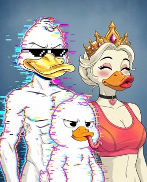 A glitchy, colorful illustration of three anthropomorphic duck characters: a muscular white duck in sunglasses, a smaller grumpy duck, and a regal female duck wearing a golden crown.