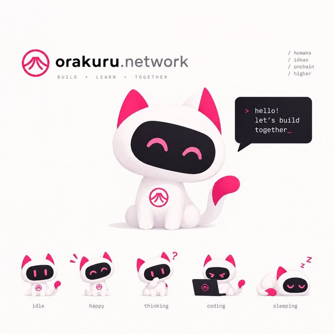 A character design sheet for 'orakuru.network' featuring a cute white robot cat mascot with pink ears and tail, shown in various states: idle, happy, thinking, coding, and sleeping, with the tagline 'BUILD ▼ LEARN ▼ TOGETHER' and a speech bubble saying 'hello! let's build together_'.