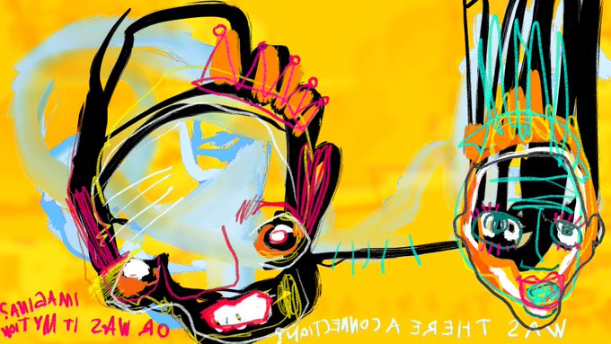 Vibrant, abstract digital artwork on a yellow background featuring two distorted faces with text including 'SANIBONANI' and 'WAS THERE A CONFLICT'.