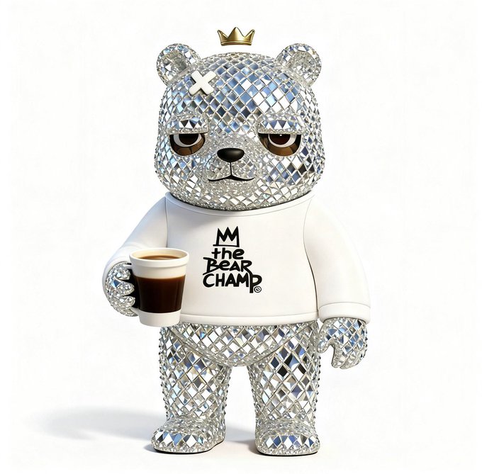 A crystal-covered bear figurine wearing a small gold crown and a white shirt reading "the Bear CHAMP®" holds a coffee cup, visually reinforcing the post's boast of being "made out of diamonds" while leaning into the "diamond hands" crypto slang.