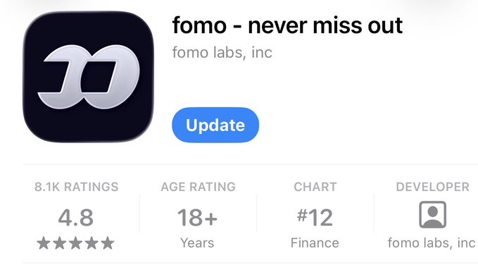 An App Store listing for "fomo - never miss out" by fomo labs, inc, showing a 4.8 rating from 8.1K reviews, ranked #12 in Finance, with an "Update" button. The image ties into the post's theme by visually illustrating FOMO (fear of missing out), the very sentiment driving retail investors who may be ignoring warning signs until it's too late.