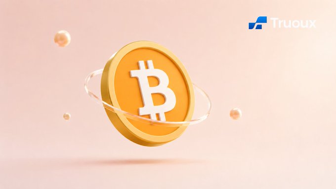 The image features a 3D rendering of a golden Bitcoin coin with the number "1" prominently displayed on its surface. The coin is surrounded by numerous small white spheres, creating an impression of floating or hovering above it. In the background, there are two blue logos - one for Truoux exchange and another for Ark Invest. These logos suggest that the image might be related to a cryptocurrency-related project or event.
