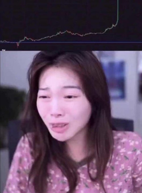 A tearful Jadu appears visibly emotional beneath a sharply spiking green price chart, reflecting her triumphant first-place win at the Solana Offline Trading Event.