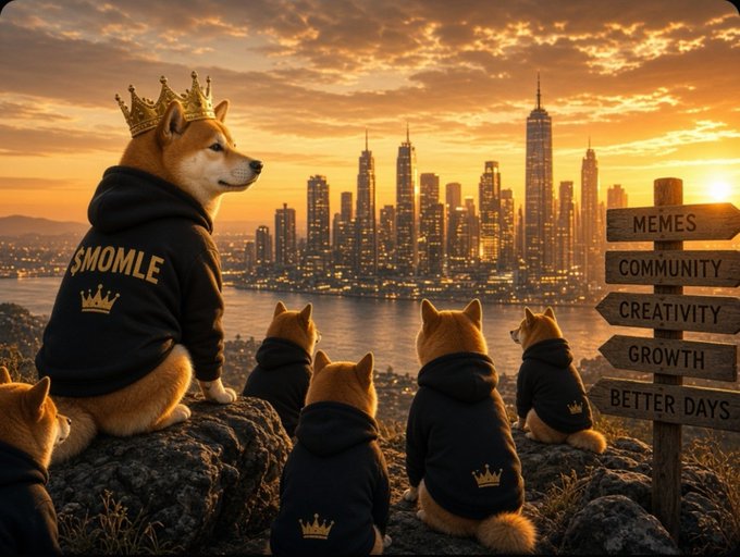 An illustration shows Shiba Inu dogs wearing black hoodies and crowns overlooking a glowing city skyline at sunset, with one wearing a hoodie reading "SHOMBLE" and a signpost listing "MEMES, COMMUNITY, CREATIVITY, GROWTH, BETTER DAYS."