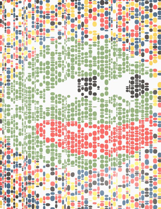A pixelated mosaic composed of multicolored dots forms a hidden image, accompanied by the text "Gm" as a cheerful morning greeting.