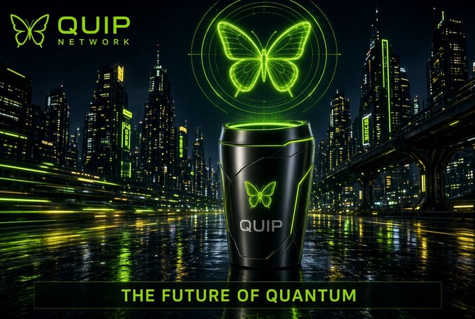 A futuristic neon-green advertisement for 'QUIP NETWORK' features a glowing green butterfly hologram above a black container labeled 'QUIP,' set against a cyberpunk cityscape with the tagline 'THE FUTURE OF QUANTUM.'