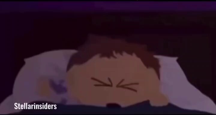 The image features a cartoon character, likely from the show "Stellarians", lying down in bed with their eyes closed. The character appears to be asleep or resting peacefully. In the background of the image, there are some text elements that seem unrelated to the main scene and might not have any direct connection to the post about the character's actions.