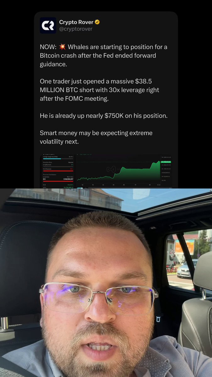 The image shows a man wearing glasses sitting inside a car, surrounded by various objects like a backpack, a cell phone with a picture of another person on it, and an earbud. A screenshot of a news article about Bitcoin crashes and market trends is displayed in the background, along with text that reads "Cryptocurrency crash coming. Smart money is positioning for volatility. Stay liquid, hold some cash, and keep DCAing." The man's reaction to this information can be inferred by his close-up portrait and facial expressions captured within the image.