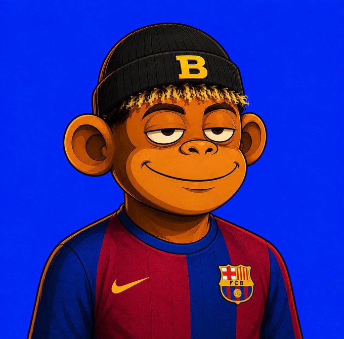 A cartoon-style illustration depicts a Bored Ape-style character wearing a beanie with a yellow 'B' and an FC Barcelona soccer jersey against a bright blue background.