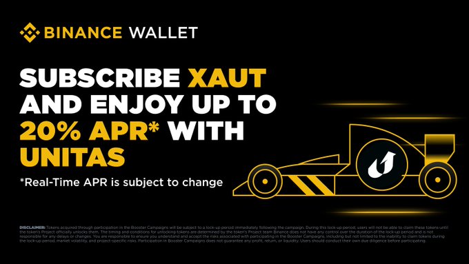 A Binance Wallet promotional banner announces "Subscribe XAUT and enjoy up to 20% APR* with Unitas," featuring a stylized yellow race car graphic on a black background. The promotion highlights Unitas Booster Earn Season 2, directing users to subscribe to XAUT (tokenized gold) through Binance Wallet DeFi to earn the boosted yield, with a disclaimer noting real-time APR is subject to change.