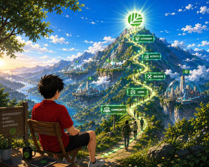 An anime-style illustration of a boy in a red shirt looking out at a fantastical mountain landscape with floating cities and green signs labeled 'AUTONOMY', 'ACTIVITY', 'BUILDERS', 'USERS', and 'COMMUNITY', next to a wooden sign reading 'SOVEREIGNTY BUILT, EARNED, SUSTAINED.'