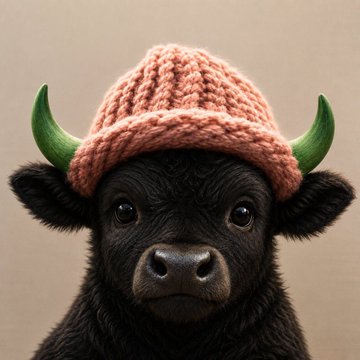 A black bull wearing a cozy pink knitted beanie and featuring bright green-tipped horns, playfully embodying the $BIF "Bullwifhat" meme token meme. The charming bovine character visually represents the bullish 700% price surge of the newly launched cryptocurrency mentioned in the post.