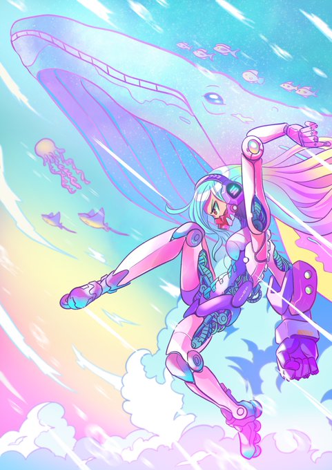 A vibrant anime-style illustration features a cyborg character with light blue hair and a star tattoo under their eye, posing with a large weapon as a massive whale swims through a pastel sky.