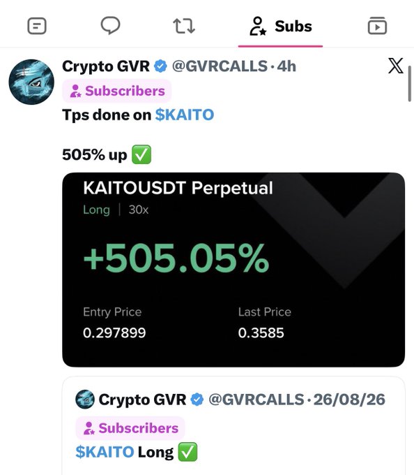 A tweet from Crypto GVR#@GVRCALLS shared with Subscribers shows a successful +505.05% gain on the KAITOUSDT Perpetual (Long, 30x) trade, with an entry price of 0.297899 and last price of 0.3585, supporting the post's claim of a 505% winning call on $KAITO.