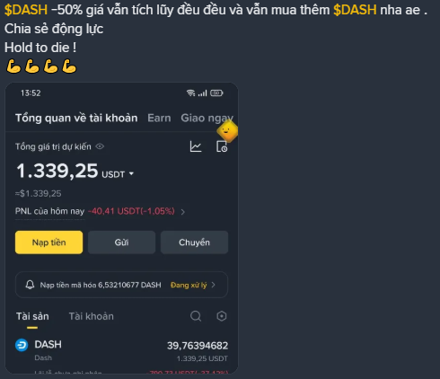 A screenshot in Vietnamese advertising a $DASH investment with a -50% discount, showing a trading account balance of 1,339.25 USDT and holding 39.76 DASH tokens.