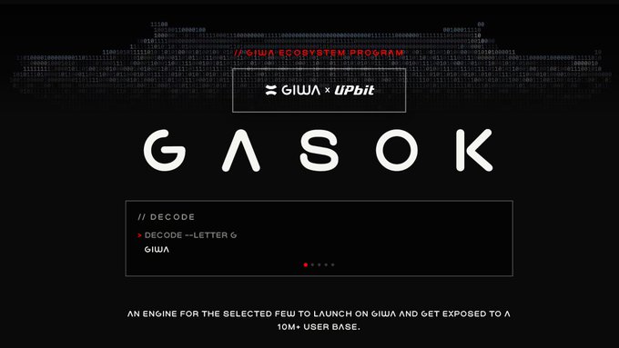A promotional graphic for the 'GIWA ECOSYSTEM PROGRAM' featuring the text 'GIWA x UPbit' and 'GASOK' on a dark background with digital code elements.