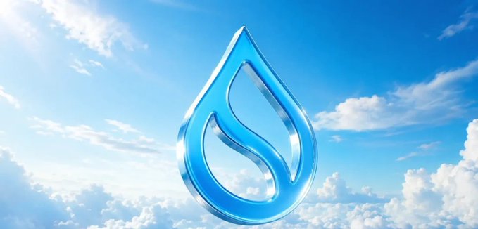 A Sui (SUI) cryptocurrency logo displayed as a 3D blue water droplet against a cloudy sky background.