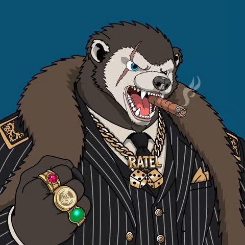 An illustration of an anthropomorphic honey badger wearing a pinstripe suit and gold chains, smoking a cigar, with the name 'RATEL' displayed on its necklace.