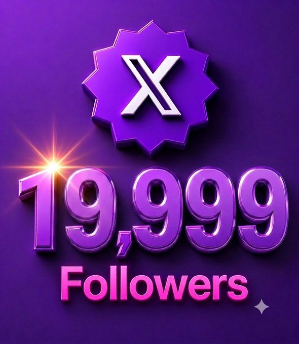 A purple graphic celebrating 19,999 X (Twitter) followers, featuring a stylized X logo and metallic 3D numbers.