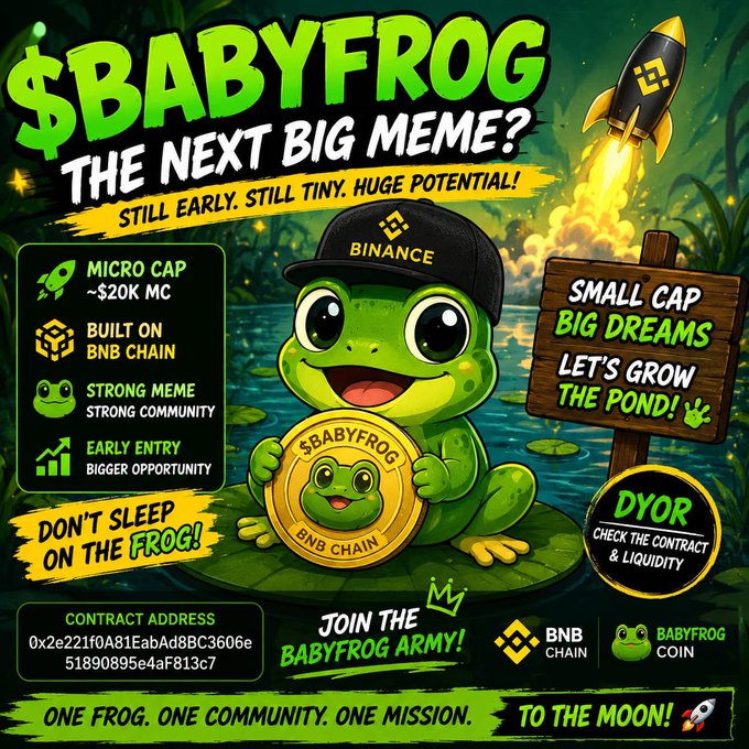 A meme coin promotional graphic for '$BABYFROG' on the BNB Chain, featuring a smiling green frog holding a $BABYFROG coin, with text claiming it's a 'micro cap' with 'huge potential.'