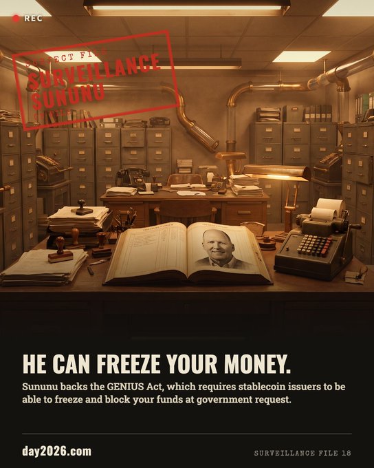 An AI-generated surveillance poster with a "SURVEILLANCE SUNUNU" stamp, featuring an open book with a man's photo and text reading "HE CAN FREEZE YOUR MONEY." referring to the GENIUS Act and Sununu, with "day2026.com" at the bottom.