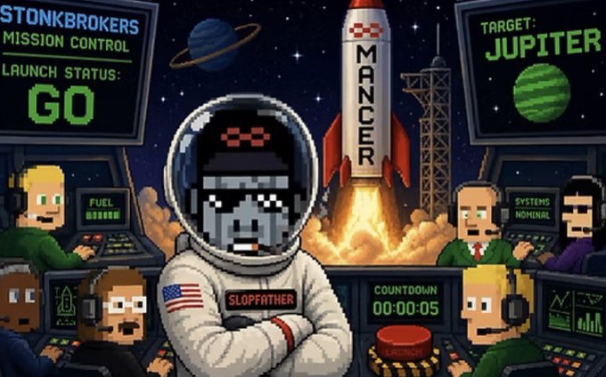 A pixel-art space mission scene features a central astronaut labeled 'SLOPFATHER' in front of a launching 'MANCER' rocket, with mission control displays reading 'MISSION CONTROL LAUNCH STATUS: GO', 'TARGET: JUPITER', 'FUEL' gauge, 'SYSTEMS NOMINAL', and 'COUNTDOWN 00:00:05', plus a large red launch button.