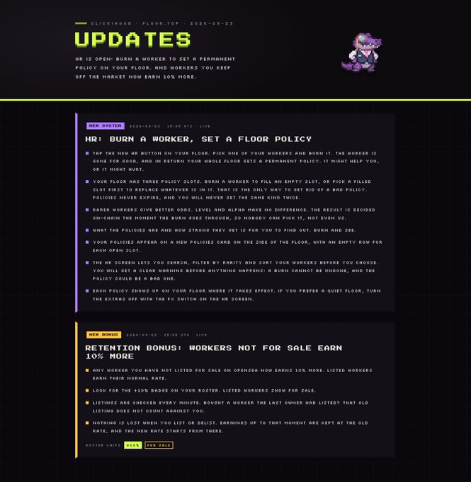 A pixel-art style game update page titled 'UPDATES' featuring announcements for 'HR: BURNN A WORKER, SET A FLOOR POLICY' and 'RETENTION BONUS: WORKERS NOT FOR SALE EARN 10% MORE'.