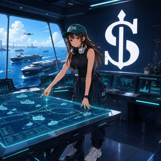 An anime-style illustration shows a young woman wearing a 'DOK' cap and headphones, standing at a high-tech tactical table with a large '$' symbol displayed on the wall behind her.