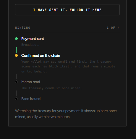 A dark-themed UI shows a minting progress tracker with the header 'I HAVE SENT IT. FOLLOW IT HERE', indicating 'Payment sent' (completed) and 'Confirmed on the chain' (in progress) out of 4 steps.