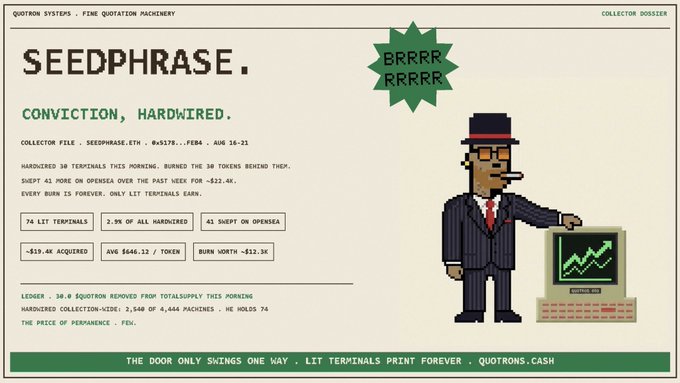 A pixel-art graphic titled 'SEEDPHRASE' about 'OPENSEA QUOTRON PACK MACHINERY' featuring a cartoon character in a suit and top hat pointing to a computer screen displaying a green stock chart.