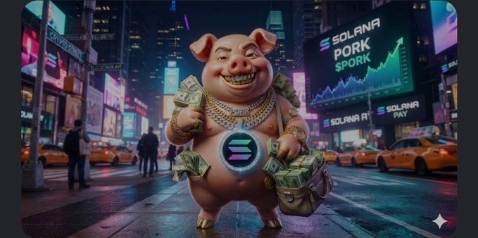 A digital illustration of an anthropomorphic pig wearing gold chains and holding a briefcase of cash, standing in a neon-lit city street with 'SOLANA PORK' and 'SPORK' displayed on billboards featuring a green stock chart.