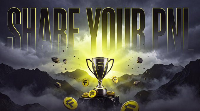 A dramatic promotional banner reading 'SHARE YOUR PNL' featuring a glowing gold trophy with the letter 'F' surrounded by floating coins against a stormy mountain backdrop.