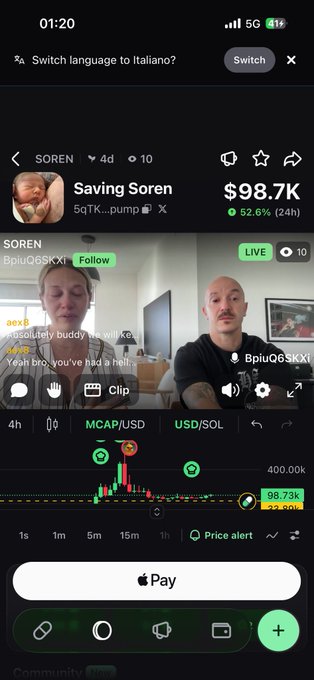 The image shows an iPhone screen with a message from Soren's family posted on social media. The text reads "Soren's family is live on @Pumpfun To all the people in the trenches, both famous and not, let' s give a hand to this family that really needs it, stop helping people who are already rich and famous, let' s show that by uniting we can change the lives of good people". The post seems to be about supporting Soren's family during difficult times.