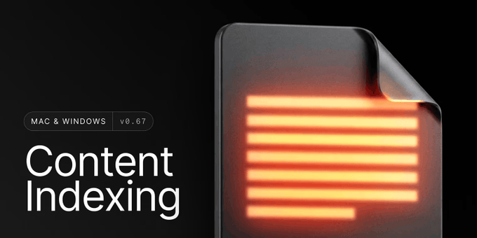 A promotional graphic for 'Content Indexing' software version 0.67 for Mac & Windows, featuring an orange glowing lined icon on a dark background.