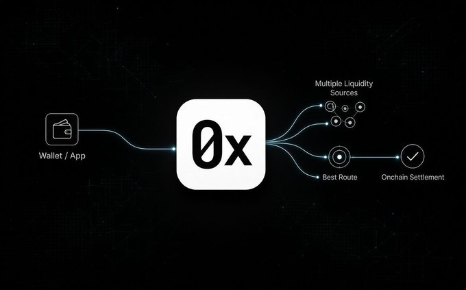 A dark-themed diagram of the 0x protocol, showing a flow from 'Wallet / App' to multiple liquidity sources, then 'Best Route' and 'Onchain Settlement'.