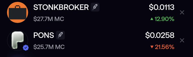 The image shows the cryptocurrency tickers STONKBROKER with a market cap of $27.7M and a price increase of 12.90%, and PONS with a market cap of $25.7M and a price decrease of 21.56%. This relates to the post by highlighting the contrasting performance of these two tickers.